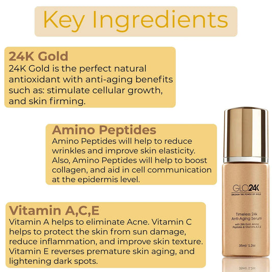 Timeless 24k Anti-Aging Serum with 24k Gold, Amino Peptides & Vitamins A, C, E - Perla Margherita